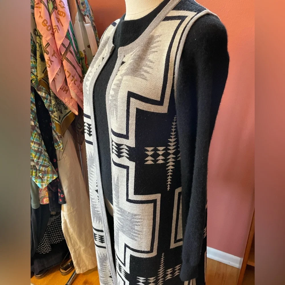 PH5 Monochrome Southwestern Print Open Duster Sweater Vest - Picture 3 of 7